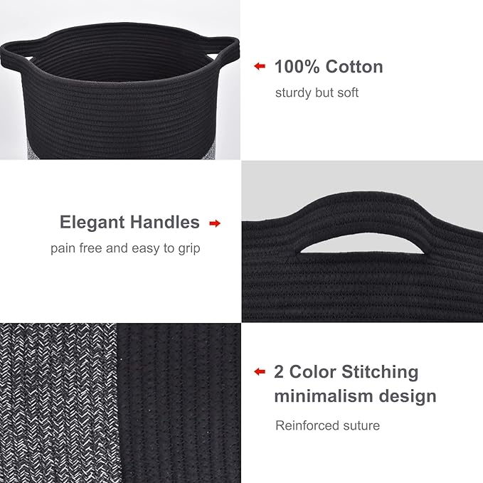 BOSROTY Large Laundry Hamper for Girls Boys Kids 72L, Nursery Hamper, Tall Laundry Basket, Cotton Rope Woven Blanket Basket for Storage Toys Clothes Towels, 16”x 22”, Black & Gray