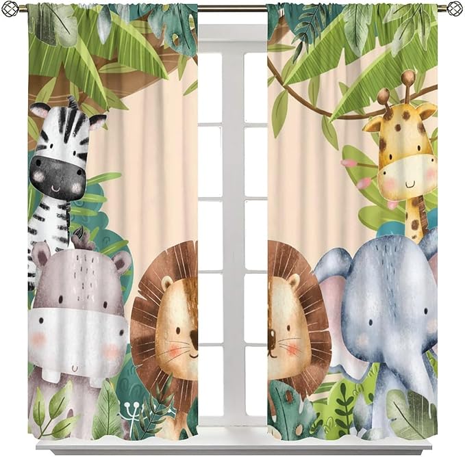 Jungle Animals Curtains Colorful Forest Cartoon Wildlife Lion Giraffe Elephant for Kids Boys Girls Nursery Bedroom Living Room Blackout Rod Pocket Decoration Window Drapes 2 Panels W21xL54in