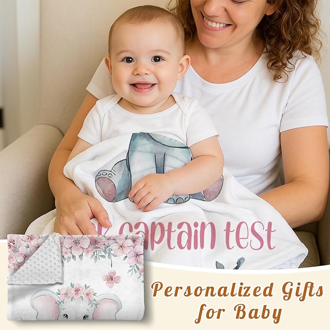 Personalized Baby Blankets for Girls Boys, Custom Elephant Baby Blanket with Name for Kids, Flannel Bed Throw Blanket for Newborn, Customized Baby Gifts for Baby Shower Nursery Blanket(60"x80)