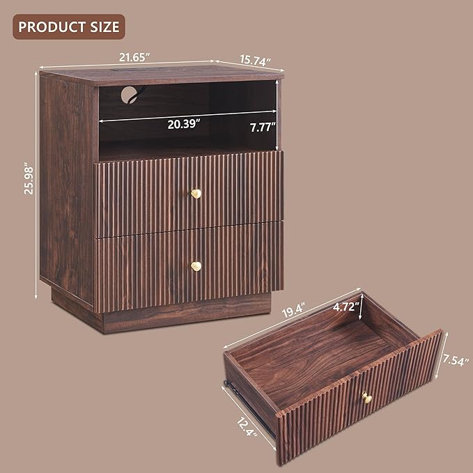 Fluted Night Stand with Charging Station, 21.65" Nightstand with 2 Drawer, 2 Drawer Dresser for Bedroom, Morden End Table Chests of Drawers Bedside Table for Bedroom, Living Room,Brown