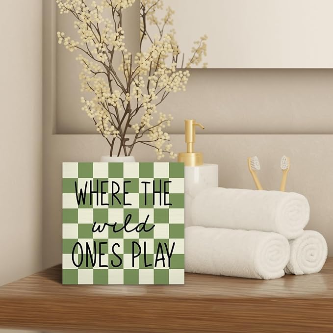 Where The Wild Ones Play Wood Box Sign Desk Decor 5X5, Nursery Kids Room Wooden Block Sign Decorations for Playroom Toddler Boys Girls Room Wall Tabletop Shelf Decor