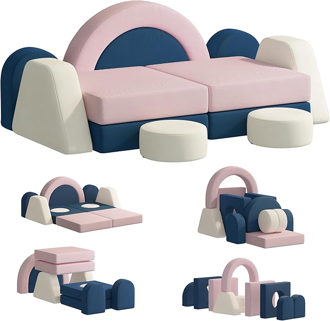 12 PCS Modular Kids Play Block Couch Child Sectional Soft Sofa Toddler Building Fortplay Climbing Bedroom Playroom Baby Convertible Floor Foam Cushion for Boys & Girls (Pink+Blue+Beige)