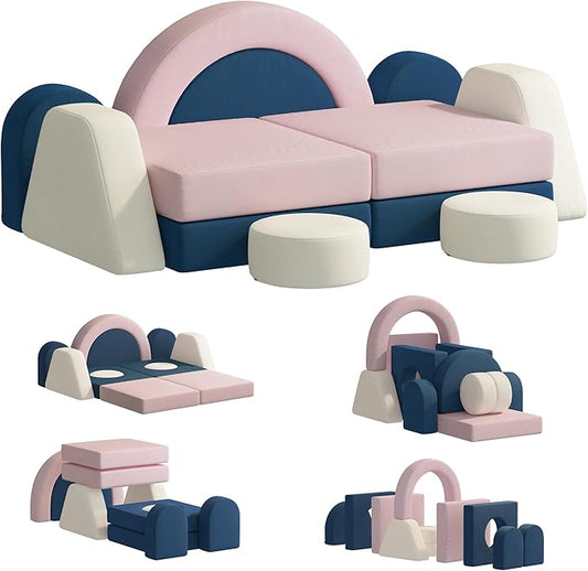 12 PCS Modular Kids Play Block Couch Child Sectional Soft Sofa Toddler Building Fortplay Climbing Bedroom Playroom Baby Convertible Floor Foam Cushion for Boys & Girls (Pink+Blue+Beige)