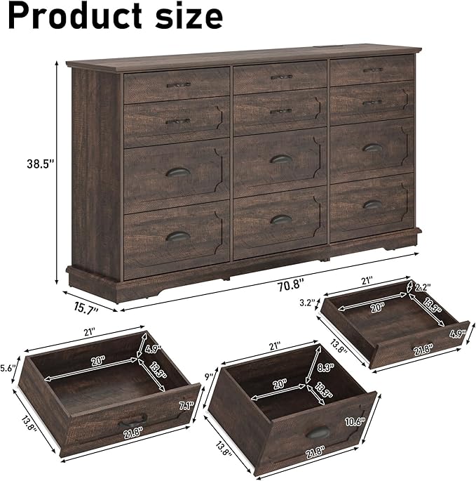 70inch Large Long Dresser w/Charging Station,12 Drawer Dresser w/Deep Big Drawers,Wooden Chest of Drawers w/Power Outlet,White Dressers for Bedroom,Living Room,Entryway,Rustic Brown