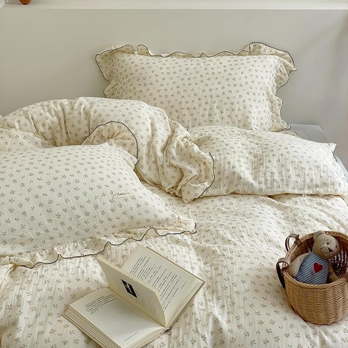 AOJIM Floral Muslin Cotton Duvet Cover for Kids Adults, 1 Piece Super Soft Durable Comforter Cover 79X90'', Aesthetic Print Kids Bedding Duvet Cover with Ruffled Edges for Decor, No Quilt or Pillow