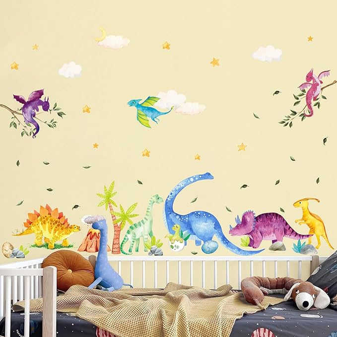 Watercolor Dinosaur Wall Decals, Cartoon Cute Dino Volcanic Wall Stickers, Peel and Stick Star Cloud Wallpaper for Baby Nursery Boys Bedroom Playroom Wall Decor
