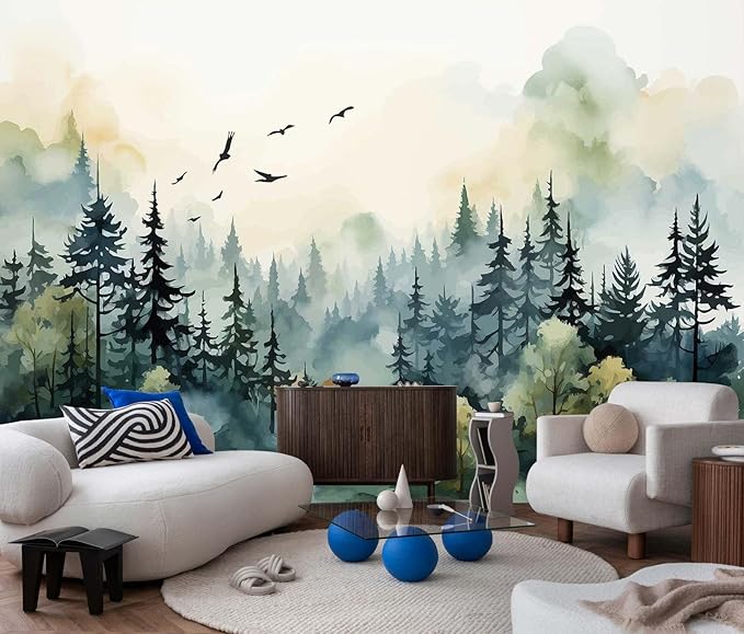 Green Forest Woodland Wallpaper Mural Large Art Wall Decorative Mural for Bedroom Living Room (Not Self-Adhesive)