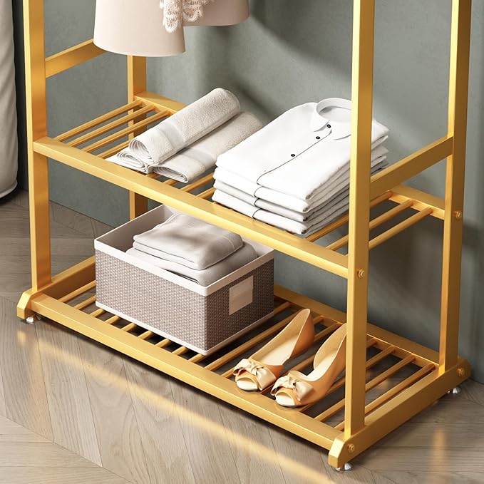 Gold clothing rack,Heavy duty clothes rack with bottom shelves and 6 side hooks,Wardrobe rack for bedroom,Metal garment rack for hanging clothes,Coats,Shirts(L:31.5in)