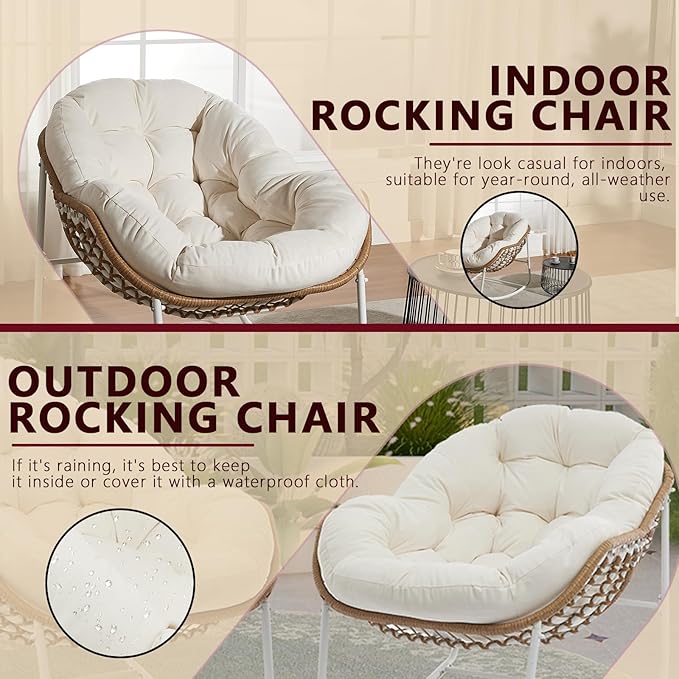 Oversized Outdoor Papasan Rocking Chair with Soft Cushion, Comfy Patio Egg Chair, Wicker Lounge Rocker for Balcony/Porch/Garden, Reinforced All Weather Rattan Frame, 330 lbs Support, Cream