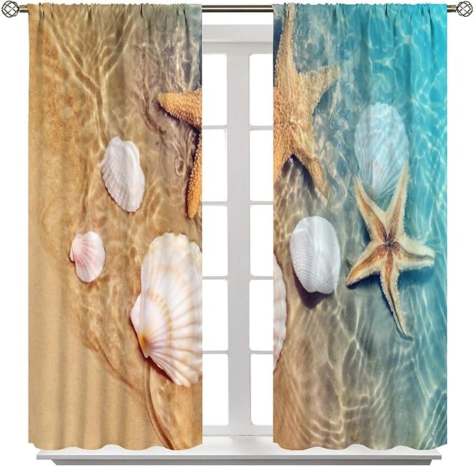 Beach Curtain for Bathroom Decor，Sea Turtle Starfish Seashell Nautical Ocean Coastal Scenery Art Printed Fabric Polyester Waterproof Set 2 Panels,42x63 Inches