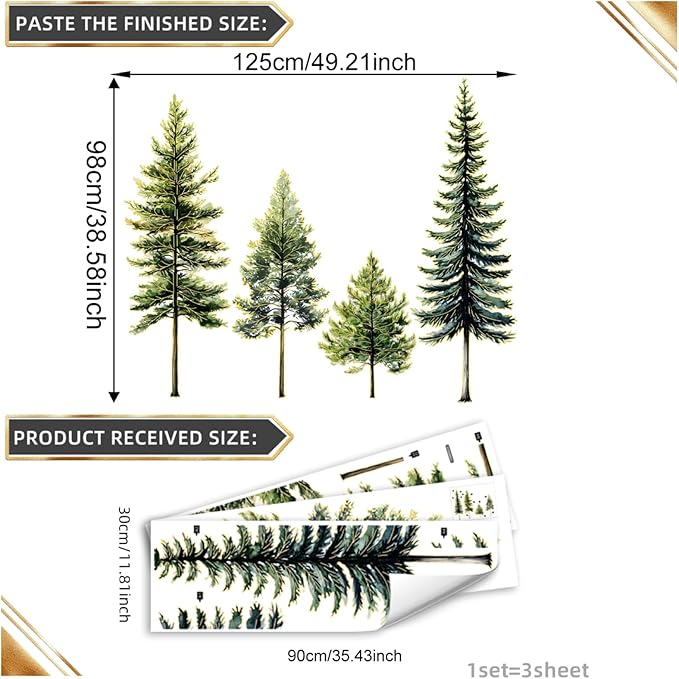 38.5" Pine Tree Wall Stickers Green Tree Wall Decal Gold Stamping 3 Sheets Peel and Stick Wall Decals for Living Room Classroom Party Festival Decoration Supplies (Gold Pine Trees)