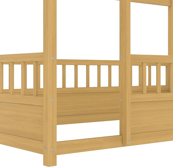 Ball & Cast Twin Size House Bed Frame,Montessori Floor Bed with Safety Fence and Roof for Kids,Wood Platform Bedframe W/Open Door for Girls Boys,Bedroom,Playroom,Easy Assembly,Natural