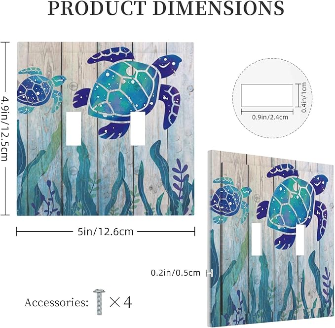 Sea Turtle Grass Seaweed on Rustic Wooden Board 2 Gang Light Switch Plate Decorative Double Toggle Wall Plate Ocean Grass Seaweed Receptacle Switchplate Decorate for Home Living Room Bedroom