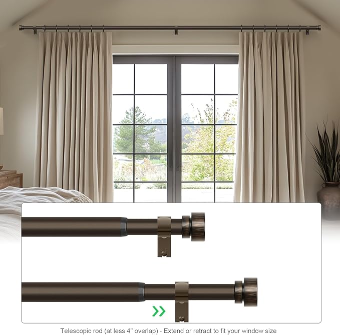 Dark Brown Curtain Rods for Windows 66 to 120 Adjustable Modern Curtain Rod 1 inch Diameter Heavy Duty with Decorative Finials for Living Room Bedroom Farmhouse Outdoor Patio