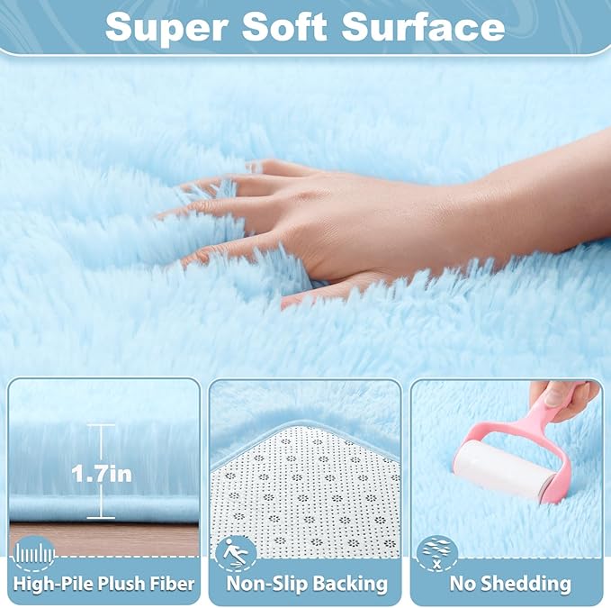 EVOIONOS 5x8 Washable Large Area Rug for Living Room, Fluffy Shag Rug for Bedroom, Ultra Soft Plush Non Slip Carpet Indoor Floor Bedside Nursery Kids Girls Room Dorm, Home Decor Aesthetic, Light Blue