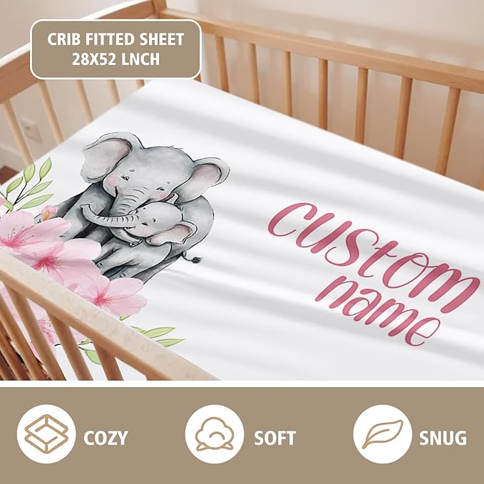Personalized Crib Bedding Set for Boys Girls, Custom Baby Crib Sets with Name, Pink Flower Elephant Design Nursery Bedding 2 Piece - Soft Blanket with Double Layer Dotted Backing, Crib Fitted Sheet