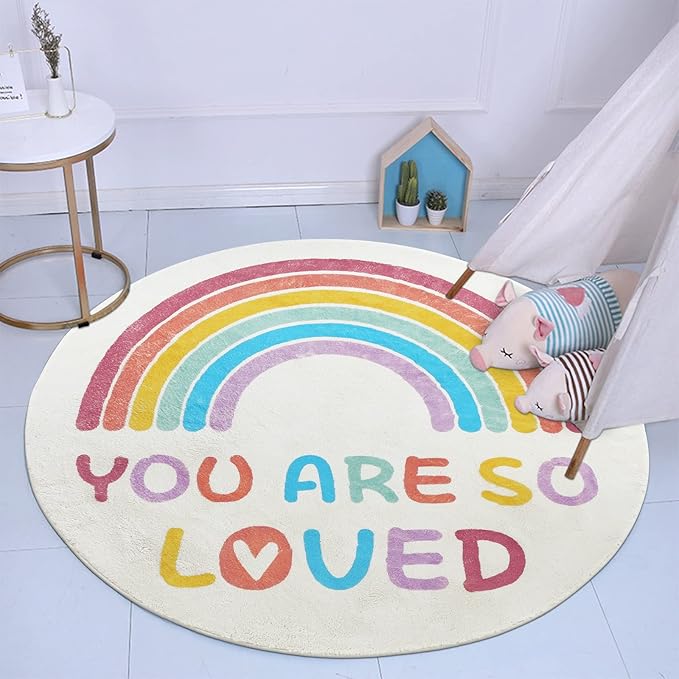 Topotdor Rainbow Round Rug for Bedroom,Colorful Boho Decor Nursery Rug,Ultra Soft Washable Reading Corner Rugs,47" Round