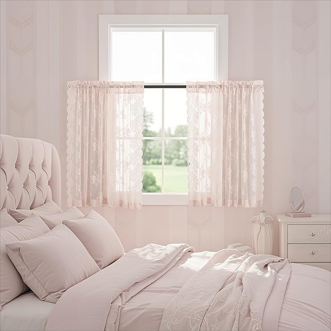 Blush Pink Lace Curtains 36 Inch Length, 2 Panels, W42 x L36 Inch Each, Country Rustic Floral Coquette Lace Cafe Curtains for Kitchen Window, Rod Pocket Privacy Short Sheer Curtain for Small Windows