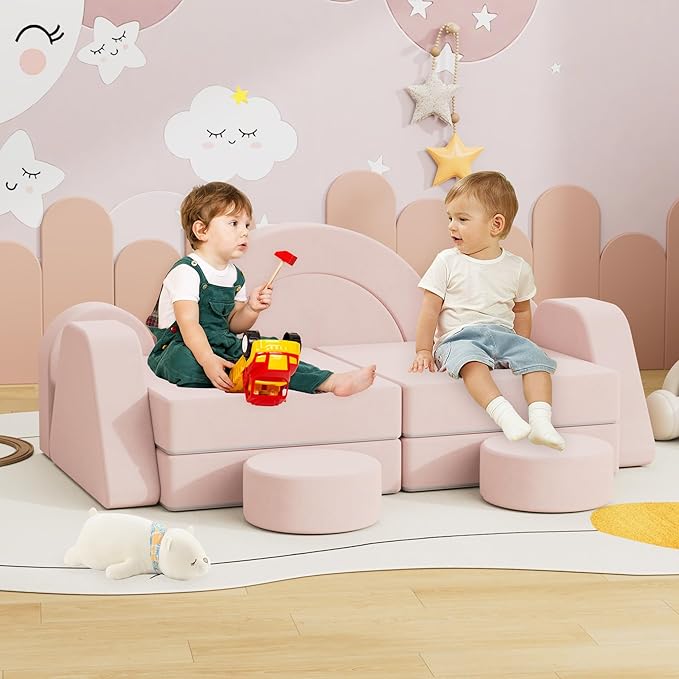 12 PCS Modular Kids Play Block Couch Child Sectional Soft Sofa Toddler Building Fortplay Climbing Bedroom Playroom Baby Convertible Floor Foam Cushion for Boys & Girls (Pink-Double-1)
