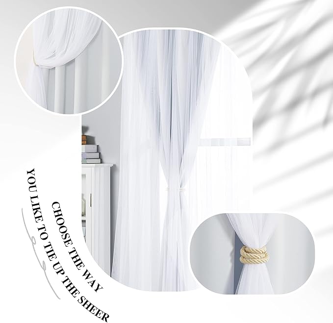 PONY DANCE White Blackout Curtains with Sheer - Curtains 63 Inches Long Grommet Top Window Panels Light Blocking Draperies for Bedroom with Extra Tie-Backs (52 inch Wide, Greyish White, 2 PCs)