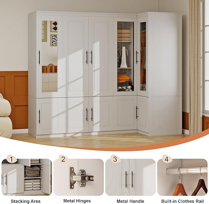 White 5 Door Armoire Wardrobe Closet with Mirror: White Combination Corner Wood Wardrobe Closet Wooden Bedroom Armoire with Hanging Rods for Bedroom/Living Room