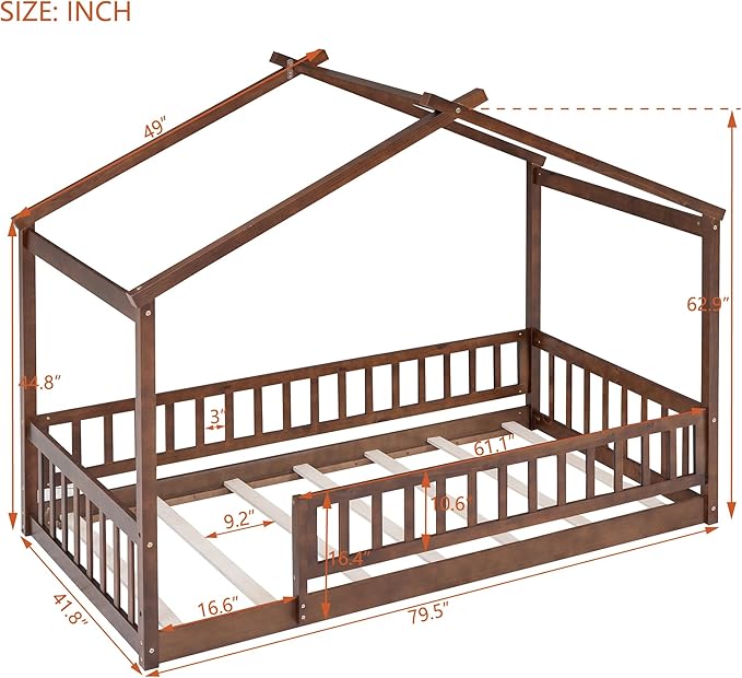 Merax Twin Size Wooden House Bed with Fence, Wood Bed Frame with Roof and Safety Guardrail for Kids, Teens, Boys or Girls, Walnut