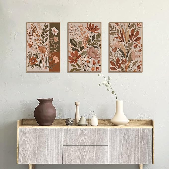MTFBWY Framed Boho Botanical Wall Art Set of 3 – Earth Tone Floral Canvas Prints, Neutral Beige Abstract Flower Pictures for Home Living Room Bedroom Wall Decor, 24L x 16W