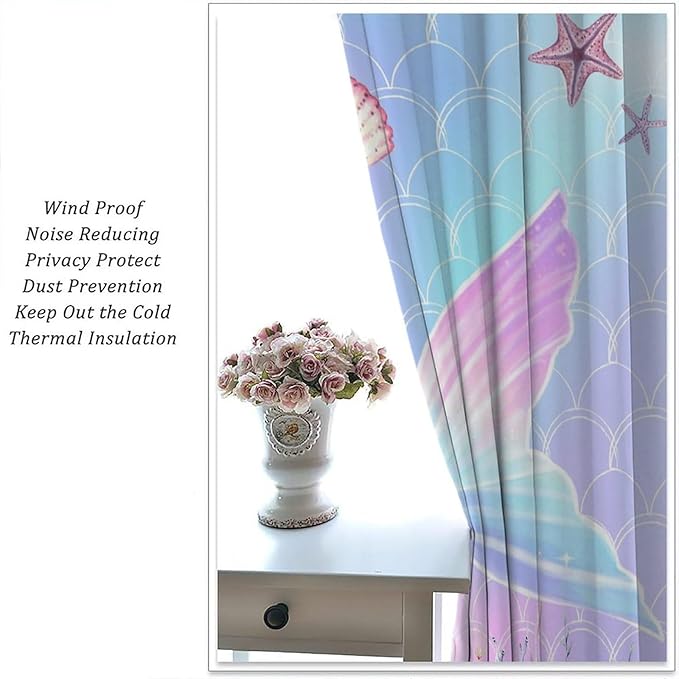 Fantasy Mermaid Curtain Colorful Rainbow Fish Tail Ocean Theme Beautiful Kids Window Treatment for Girls Bedroom Nursery Room Decor Rod Pocket Window Drapes 63x72in