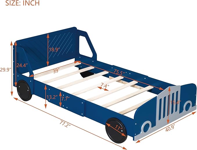 Twin Size Car-Shaped Platform Bed Frame for Boys Girls Kids Adults Toddler with Wheels,Blue