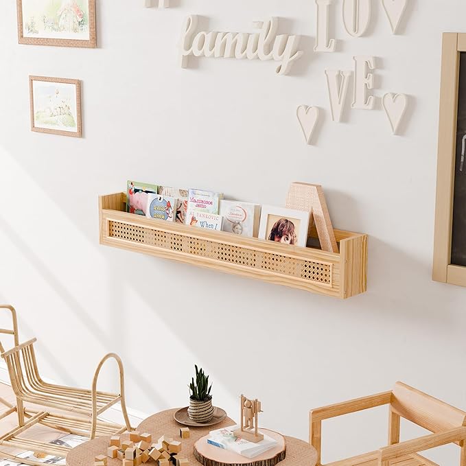 Wood and Rattan Wall Shelf - 36'' Nursery Floating Shelves for Storage, U-Shape Natural Pine Wood Wicker Shelf | Boho Decorative Shelves for Neutral Nursery Decor, Living Room, Bedroom