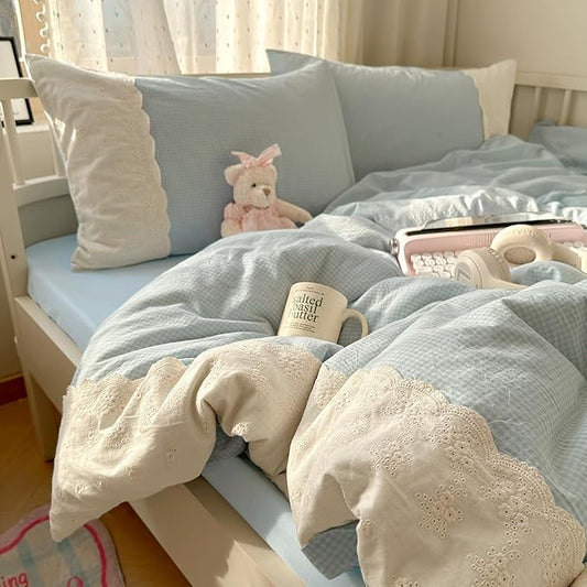 LifeTB Blue Gingham Duvet Cover Twin 3 Pieces Blue Plaid Comforter Cover with Chic White Lace Soft Microfiber Checkered Grid Duvet Cover with 2 Pillowcases Breathable Gingham Plaid Bedding Set