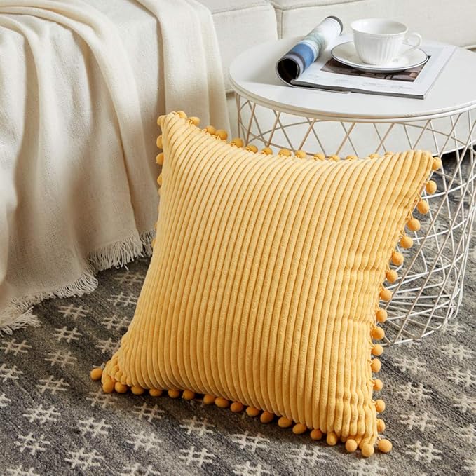 Fancy Homi Pack of 2 Yellow Accent Decorative Throw Pillow Covers with Pom-poms, Soft Corduroy Solid Square Cushion Pillow Case Set for Couch Sofa Bedroom Car Living Room (18x18 Inch/45x45 cm, Yellow)