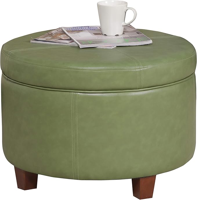 HomePop Round Leatherette Storage Ottoman with Lid, Moss Green Large