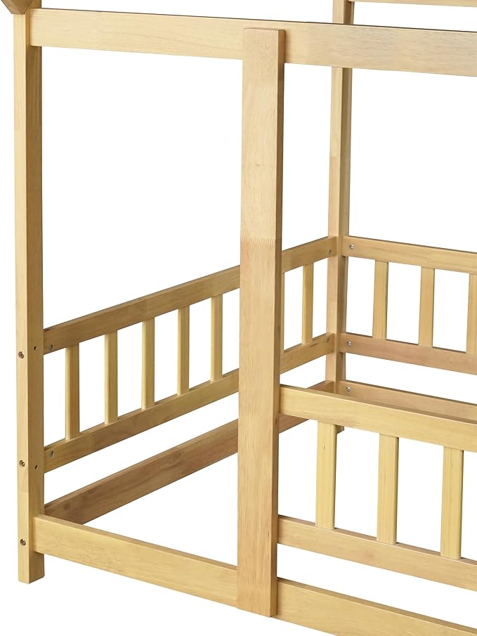 Ball & Cast Twin Size Floor Bed,Montessori Bed with Roof & Safety Guardrails Design,Wooden Toddler House Bed Frame W/Open Door,for Girls Boys,Natural