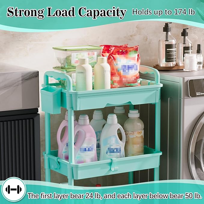 3-Tier Rolling Cart with Drawer & Lockable Wheels, Bathroom Storage Organizer Multifunctional Rolling Storage Cart for Bathroom, Kitchen, Office, Craft, Makeup, Baby Essentials, Blue