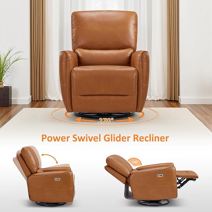 MCombo Power Swivel Rocker Recliner with Lumbar Support, Faux Leather Electric Nursery Glider Recliner Chair for Living Room, 6922 (Orange)