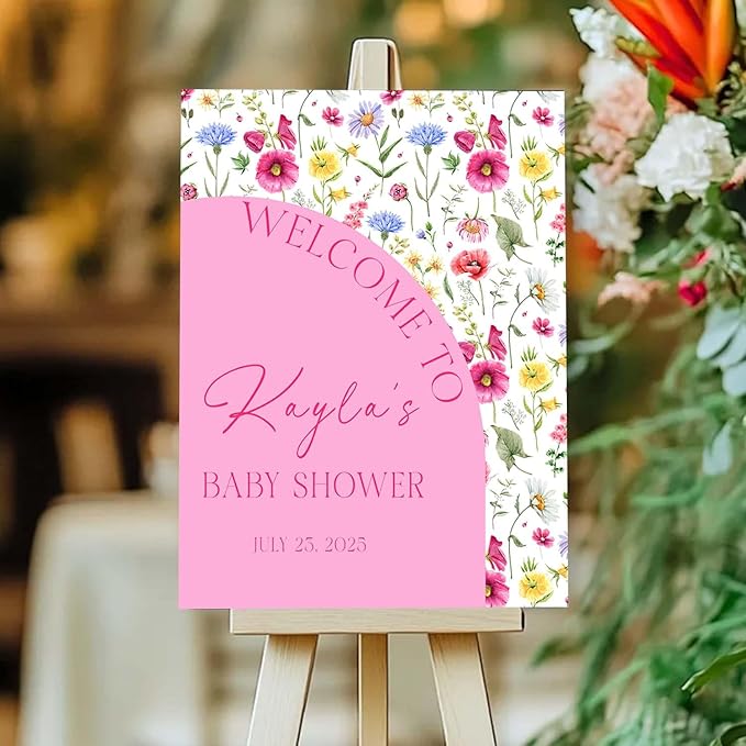 Personalized Half Floral Half Pink Baby Shower Welcome Sign for Girls - Wildflower Announcement Yard Sign - Unique Girl Baby Shower Entrance Decor