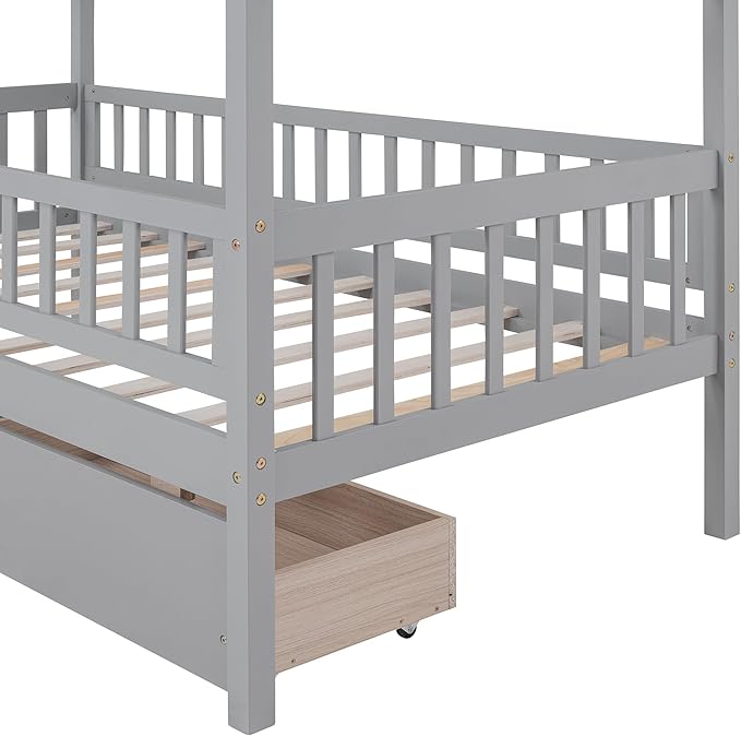 Twin House Bed with 2 Storage Drawers, Kids Twin Bed Frame with Rails and Roof, Tent Bed, Wooden Twin Daybed, Twin Montessori Bed for Kids Teens Girls & Boys, No Box Spring Needed (Gray)