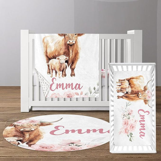 Custom Baby Crib Bedding Set - Pink Highland Cow Design Personalized Name Baby Nursery Bedding 3 Pcs Set - Chic Soft Blanket, Fitted Sheet, Room Rug for Newborns Boys Girls Gifts