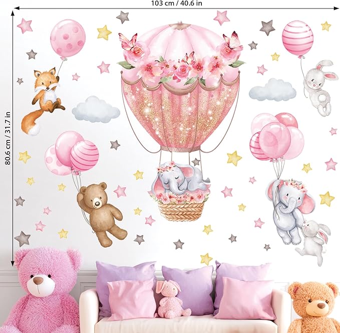 DECOWALL SG2-2408 Animal Hot air Balloon Balloons Wall Stickers Decals Flowers Elephant Bear Baby Nursery Bedroom Girls Toddler Pink Room Home Décor Decorations Kids Fox Rabbit Peel and Stick