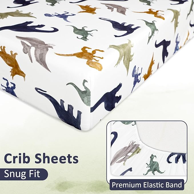 4-Piece Crib Bedding Set， Baby Nursery Bedding Sets for Boys Includes Comforter, Fitted Crib Sheet, Crib Skirt, and Diaper Stacker, Soft Standard Size Crib Comforter Set Blue ，Dinosaur