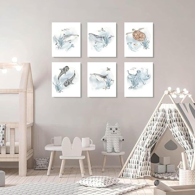 Wodkwq Nursery Wall Art Sea Animal Canvas Prints Baby Girl Boy Room Decor Watercolor Paintings Pictures Cute Ocean Theme Toddler Room Decoration Set of 6 for Kids Bedroom Bathroom 8x10in Unframed