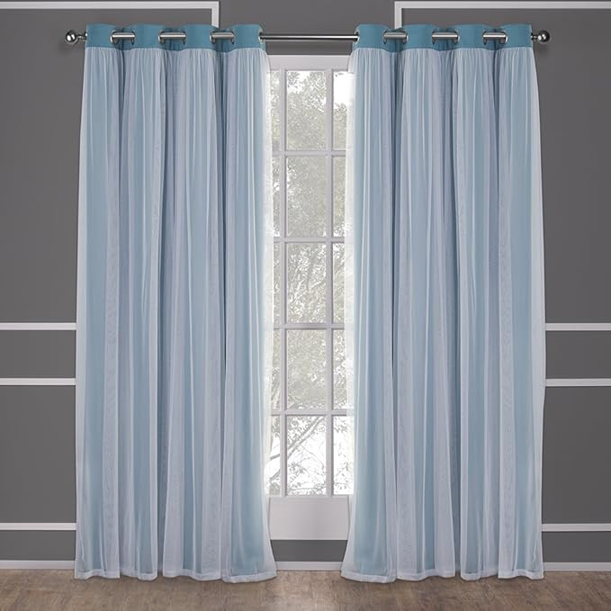 TOWN & COUNTRY LUXE Talia Double Layer Indoor Curtains, Sheer and Room Darkening Blackout, Grommet Top, Energy Efficient, 2-Pack Set, 52"x108", Turquoise