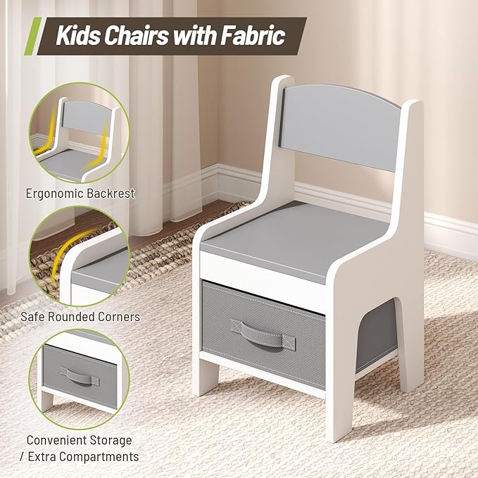 Kids Art Table and Chair Set, Wooden Toddler Activity Desk with Removable Tabletop Shelf and 5 Storage Drawers, Paper Pressing Rod & Roll Holder for Playroom, Nursery, Grey and White