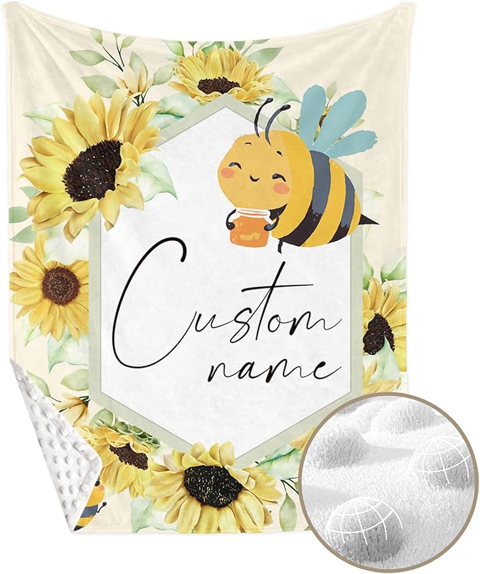 Personalized Crib Bedding Set for Boys Girls, Custom Baby Crib Sets with Name, Yellow Bee Design Nursery Bedding 2 Piece - Soft Blanket with Double Layer Dotted Backing, Crib Fitted Sheet