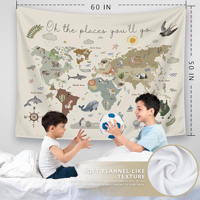 LIANGW Boho Kids World Map Tapestry Wall Hanging, Animal Continents Wildlife Educational Geography Learning Wall Blanket Decor for Classroom Toddler Kids Room Nursery Playroom, 50x60 Inch