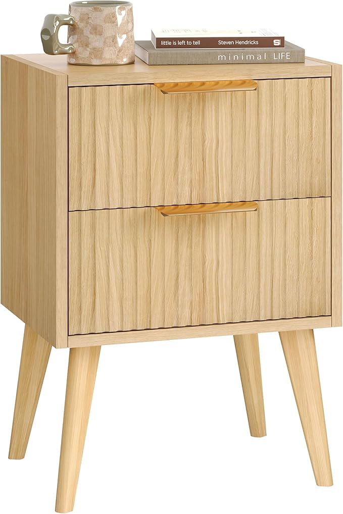 Nightstand with 2 Drawers,Fluted Bedside Table,Natural Wood Night Stand,Light Wood Side Table with Solid Wood Legs,End Table for Living Room,Bedroom,Small Space Natural CTG55Y