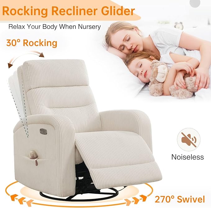 Power Glider Recliner Nursery Rocking Chairs with USB, Electric Swivel Rocker Recliner Glider Chair for Living Room, Upholstered Recliner Chairs for Nursery, Bedroom, Corduroy White