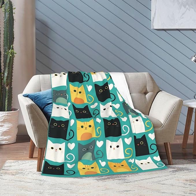 Cute Cat Throw Blanket Lovely Kitten Pet Pattern Fleece Blanket Soft Cozy Fuzzy Plush Warm Stuff Bedding Animal Blankets Gifts for Kids Toddler Cat Lover Boys Girls Kids Adult Men Women 40"X50"