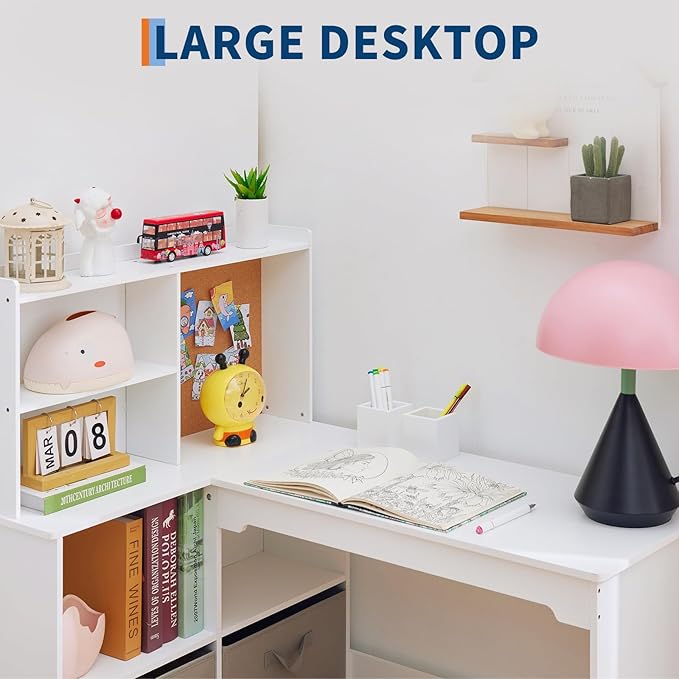 Garvee Kids Corner Desk, Desk and Chair Set for Children, L Shape Kids Study Table - Features Bulletin Board Open Shelves & Storage Cabinets and Cloth Drawers, White